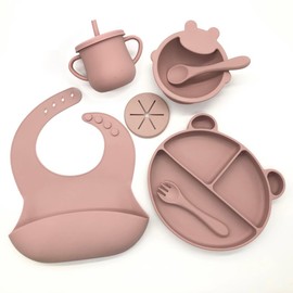 Silicone Baby Led Weaning Supplies, Toddler Feeding Set With Divided Suction Plate Bowl Spoons Forks Sippy Cup Adjustable Bib Non Slip Mat, Baby Eating Utensils, Bear Shape, 7-Piece, Blue (Pink)
