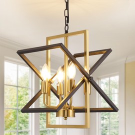 WJShome 4-Light Black and Gold Chandelier, Farmhouse Dining Room Light Fixture/Chandelier Over Table, Rustic Pendant Lights Kitchen Island, Geometric Hanging Foyer Light Fixture.