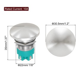 sourcing map 1PCS 10A 250V AC 22mm 7/8" Momentary Mushroom Head Push Button Switch Silver 2NO Waterproof IP65 SPST Installing Domed Round 4 Screw Foot Switch