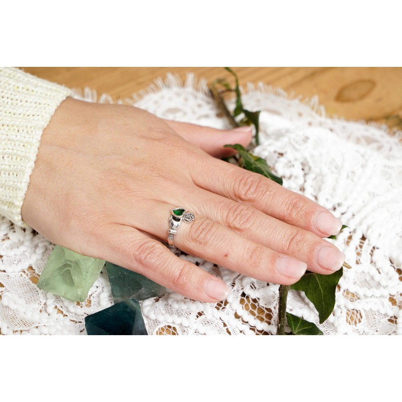 CLADDAGH 10mm Green Emerald Heart 925 Sterling Silver Friendship Ring,