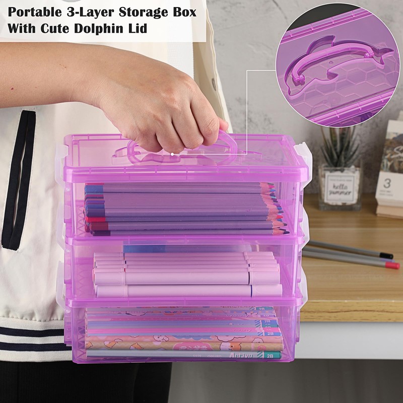 BTSKY 3 Layers Cute Dolphin Clear Plastic Pencil Box- Multipurpose