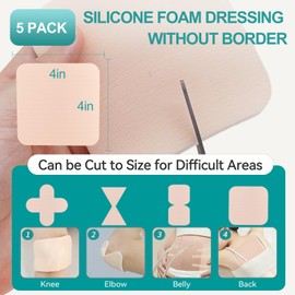 Dimora Silicone Foam Dressing Without Border 4"x 4" Highly Absorbent Adhesive Wound Bandage Cuttable Pads First Aid Bandage for Wound Care 5 Pack