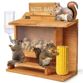 Hanging Squirrel Feeders for Outside, Large Squirrel Picnic Table Feeder with Water Bottle, Funny Nuts Bar Squirrel Feeder, Wooden Chipmunk Feeder Box, No Assembly Required