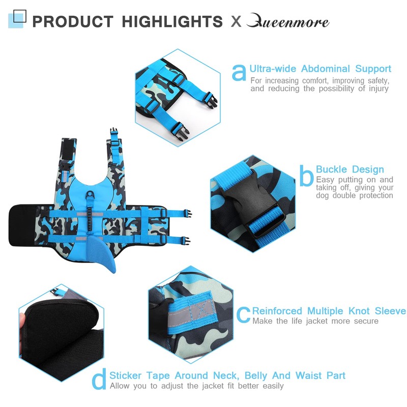 Queenmore Dog Life Jacket Ripstop Dog Shark Safety Vest Adjustable