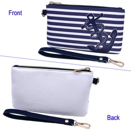 PU Leather Anchor Purse, 8.5"x5.0" Wristlet Bag Zip Coin Pouch for Smart Phones Keys