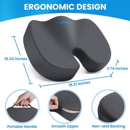 TushGuard Seat Cushion for Office Chair Memory Foam Non-Slip Cushion Back, Relief Chair Pad, Butt Pillow for Office, Car, Computer Desk, Grey, X-Large