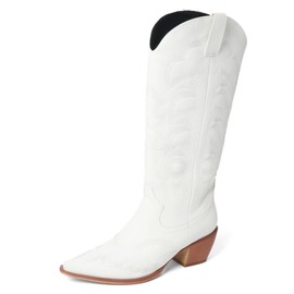 MEOTINA Square Toe Cowboy Boots for Women Cowgirl Booties Mid Calf White Western Shoes Womens Wedding
