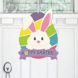 Big Dot of Happiness Hippity Hoppity - Hanging Porch Easter Bunny Party Outdoor Decorations - Front Door Decor - 1 Piece Sign