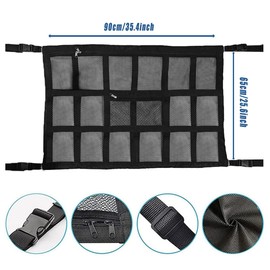 AIMALL Universal Car Ceiling Storage Net, Polyester Roof Cargo Mesh Bag, 35.4 x 25.6 Inches, Black, Ideal for Campervans and Car Organization