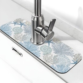 Ocean Sea Shell Starfish Coral Coastal Nautical Kitchen Sink Splash Guard Faucet Mat 1 Pcs, Absorbent Fast Drying Mat Gadgets Splash Guard For Bathroom 15 X 5.5 Inches