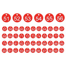 PATIKIL 50PCS Number Tags 51-100, Number Key Tags Plastic Numbered Keychain for Organizer Field Sales Hangers Clothes Labels ID, Red