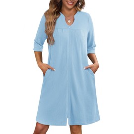 Ekouaer Zipper Robes for Women 3/4 Sleeve Waffle Knit Bathrobe Lightweight Short Housecoat with Pockets Soft Loungewear