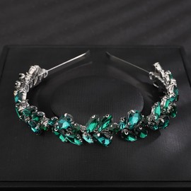 Teyglen Crystal Wedding Hair Crown Bridal Green Rhinestone Tiara Headband Full Blue Black Pink Hair Pieces Handmade Rhinestone Headpieces Hair Accessories for Women Girl Party Prom Birthday (Silver-Green)