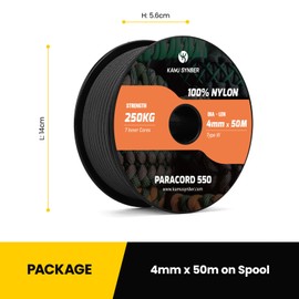 Kamu Synber 550 Paracord 4 mm 50 m Type III Cord 7 Strands Nylon Rope Parachute Cord for Crafts, Outdoor, Camping, Survival Load Capacity 250 kg Black