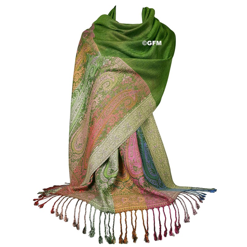 GFM Mosaic Flower Design Pashmina Style Scarf (FRL1), .S11-Lhr-Green