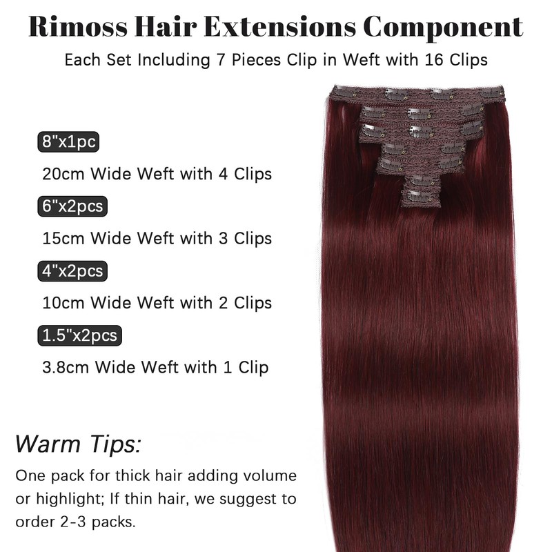 Rimoss Clip in Hair Extensions Real Human Hair, Soft Burgundy