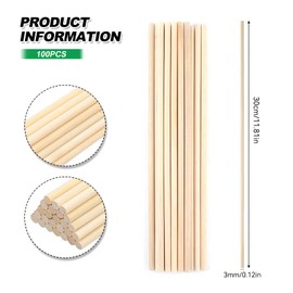 Wooden Sticks for Crafting, 100 Pcs Wooden Dowel Rods Round Wood Dowling Rods Hardwood Sticks for Crafts DIY 300mm x 3mm