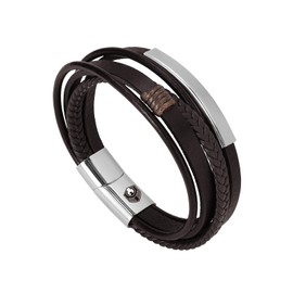 SHIEAGLELD Men's Leather Bracelet Brown Multilayer Braided Leather Stainless Steel Bracelet with Magnetic Clasp, Stainless Steel