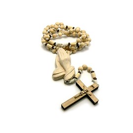 NYFASHION101 3D Praying Hands and Crucifix Cross Pendant Wood Rosary Necklace, Natural