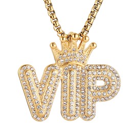 AsAlways Hip Hop 18k Gold Plated Iced Out Cz “Vip” Pendant Necklace With 22+2" Stainless Steel Chain For Men