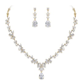 EVER FAITH Wedding Jewelry Set for Bride, 14K Gold Plated Gorgeous Marquise Cubic Zirconia Flower Necklace Dangle Earrings Sets Bridal Prom Party Jewellry