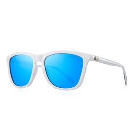MERRY'S Unisex Polarized Sunglasses for Women Men Classic Retro Designer Style Aluminum Legs (White Frame/Blue Mirror Lens/Silver Temples, 54)