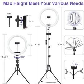 10" Selfie Ring Light with 73" Tripod Stand & 1 Phone Holder, LED Camera Ringlight with 48 RGB Colors Modes & Musical Rhythm Mode and 12 Brightness Dimmable for TikTok/Makeup/Photography/Vlog