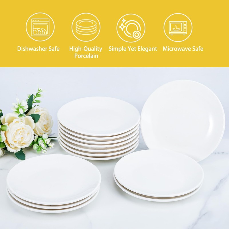 8 Pack Ceramic Dessert Plates, 6 Inch, Round, White