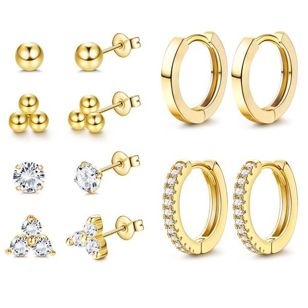 Dochais 6-8 Pairs of Stud Earrings Gold Silver Set 18K
