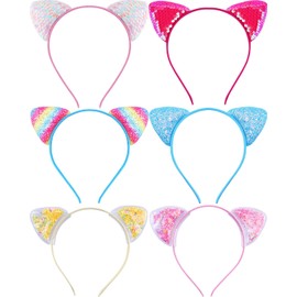 PUSABAOWO Cat Ears Headbands - 6pk, 3 Styles | Glitter Headbands for Girls and Women, Cat Birthday Decoration Party Favors, Cats Hairbands Hair Accessories for Daily Wear Party Costume