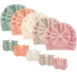 BQUBO Baby Turban Hats Mittens Set Baby Beanie Caps Infant Baby Hat with Bows No Scratch Mittens for Baby Girls Boys