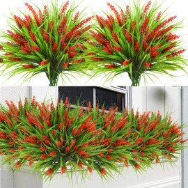 Sggvecsy 12 Bundles Artificial Plants Outdoor Faux Lavender Flowers Fake Monkey Grass UV Resistant Plastic Greenery Plants for Garden Home Porch Window Patio Hanging Planter Indoor Decor (Red)