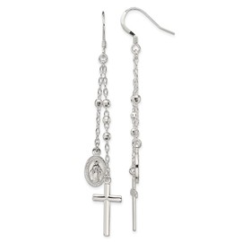 925 Sterling Silver Polished Miraculous Medal & Cross Hook Earrings