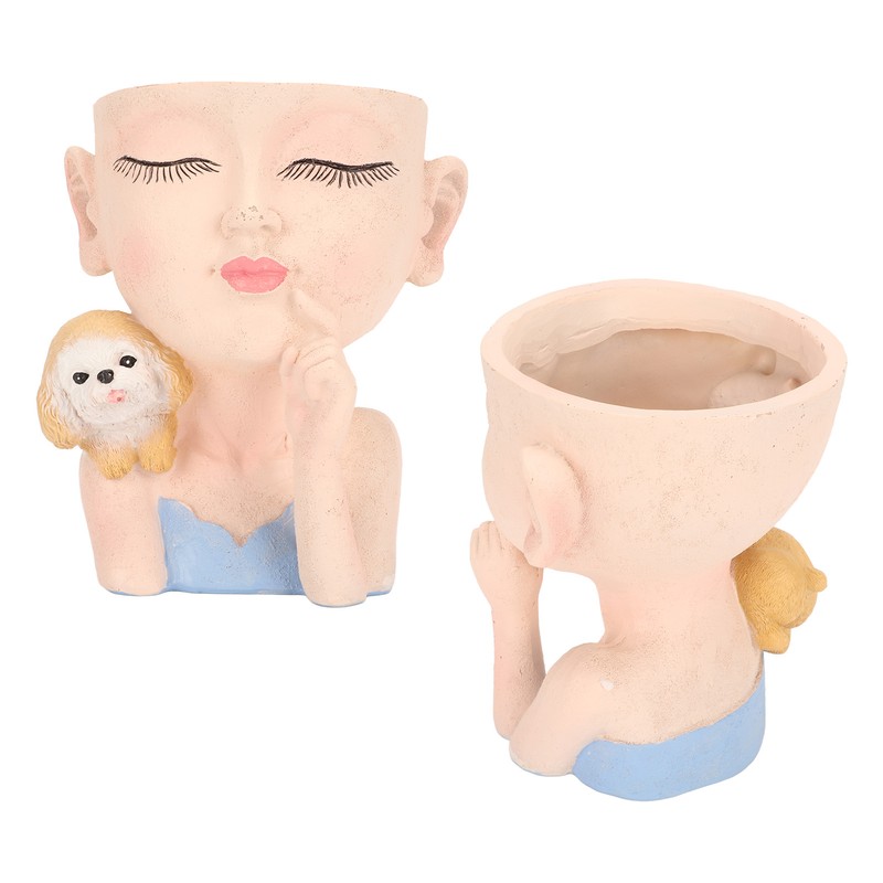 Flower Pot Girl and Dog Cute Style Bottom Drainage Hole