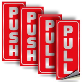 iSYFIX Push Pull Stickers Sign - 2 Pack 2.8x7 inch - Vertical Decal Self-Adhesive, Brushed Silver/Red Vinyl Sticker for Doors in Business, Stores, Cafes, Shops & More. Indoor and Outdoor use.
