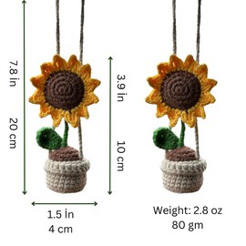 Handmade Crochet Sunflower in Pot Car Accessories, Knitted Rear View Vehicle Mirror Potted Car Plant Hanging