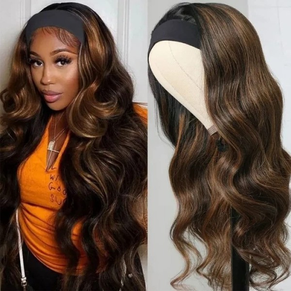 Nadula Hair FB30# Highlights Honey Brown Ombre Body Wave Headband Wigs Human Hair None Lace Front Wig For Black Women, Brazilian Body Wave Headband Wig Balayage Highlights Wig 150% Density (20inch)