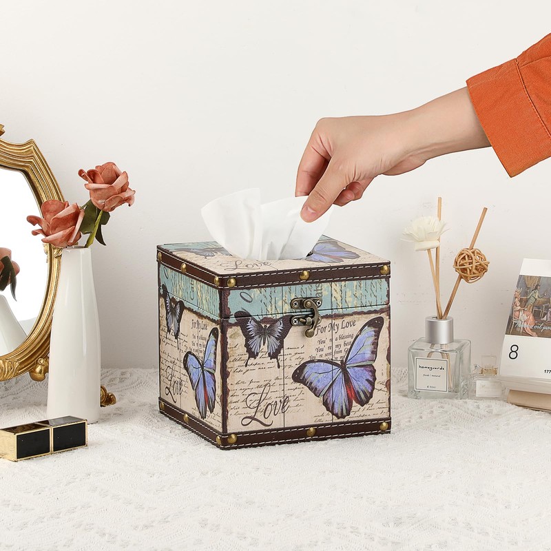 TOLIDA PU+ Wood Square Tissue Box Cover - Retro Household