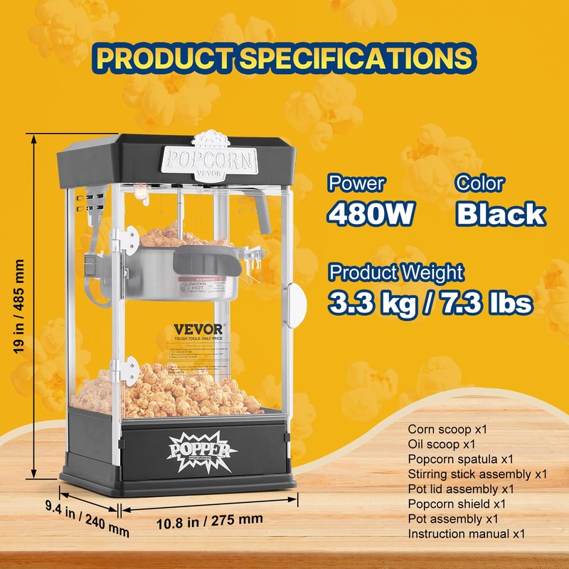 VEVOR Popcorn Maker, 480W Popcorn Popper Machine, 4 Oz Kettle