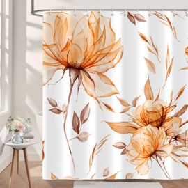 Orange Grey Watercolor Floral Shower Curtain, Flower Leaves Minimalist Aesthetic Art Shower Curtains Set for Bathroom Decor, Waterproof Polyester Cloth Fabric with 12 Hooks,72x72 Inch