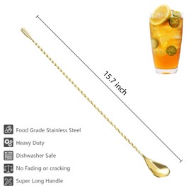 1Pc 15.7 Inches round handle Cocktail Spoon Bar Stirring Spoon Long Handle Stainless Steel Spiral Pattern Cocktail Mixing Shaker, 40cm (1, Gold)