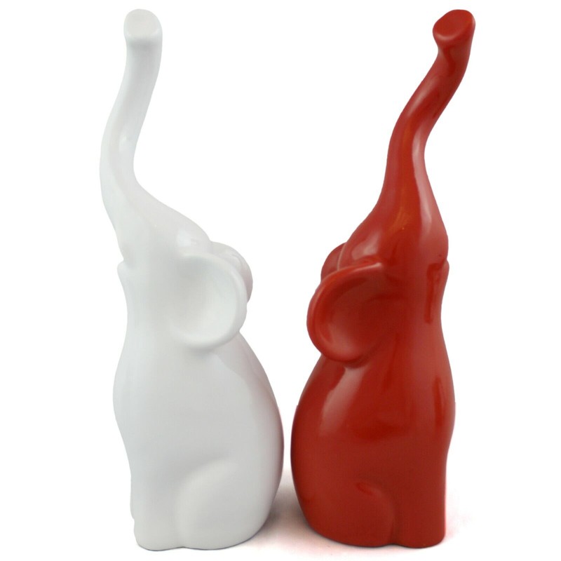 AEVVV Red White Elephant Figurines with Trunk Up 10 in