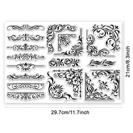 INFUNLY Flower Corner Stamps for Card Making 8.3x11.7 Border Pattern Clear Stamp Leaf Rubber Stamp Floral Plant Silicone Transparent Stamps for DIY Scrapbooking Birthday Card Photo Album Journaling