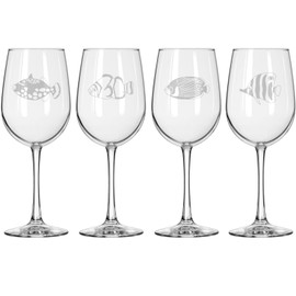 MIP Set of 4 Wine Glass for Red or White Wine Gift Salt Water Fish Sea Collection (16 oz Tall Stemmed)