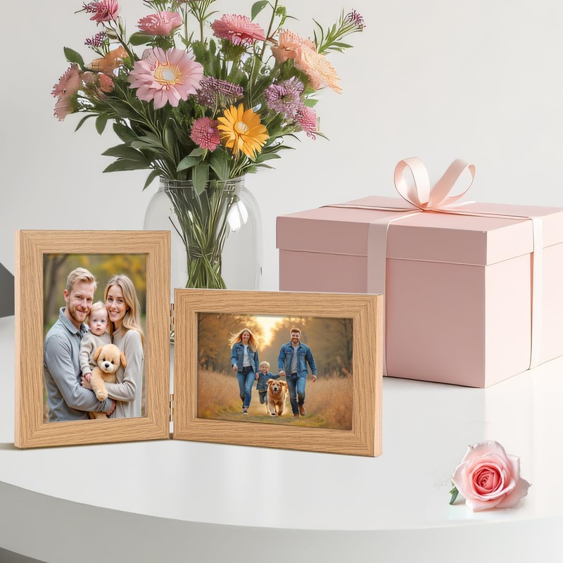 Epecfan 5x7 Double Hinged Picture Frame - WoodGrain Foldable Photo