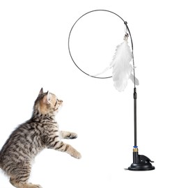 Andiker Cat Toys for Indoor Cats, 2 in 1 Cat Stick with Powerful Suction Cup Cat Feather Toy with Bell Self-Play Cat Teaser Stick for Indoor Cats Do More Exercise to Release Stress&Kill Time (White)