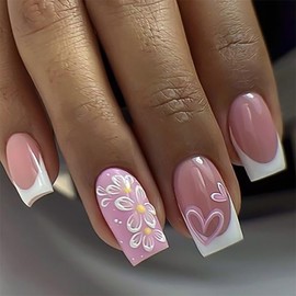 Square Press on Nails Short Fake Nails White French Tip False Nails with Flower Heart Design Summer Glue on Nails Pink Acrylic Nails Glossy Full Cover Stick on Nails for Women Manicure 24Pcs