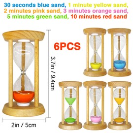 6PCS Wooden Hourglass Sand Timer Set - 30 Sec/1/2/3/5/10 Min Colorful Sandglass Clock for Home Office Kitchen Decor (3.54 x 1.97 Inch)