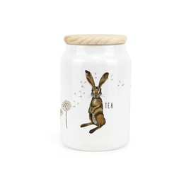 Purely Home Hares & Dandelions Ceramic Tea Storage Canister - Rhiannon Chauncey Floral Hares Artwork Kitchen Food Storage Container & Wooden Lid 600ml (14.5cm x 9.5cm)