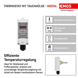 EMOS - digital thermostat with immersion sleeve and hysteresis function - manual, wired - heating and cooling systems - temperature control 5-80 °C - invasive measurement - 230 V, 5 A/1.5 A - white